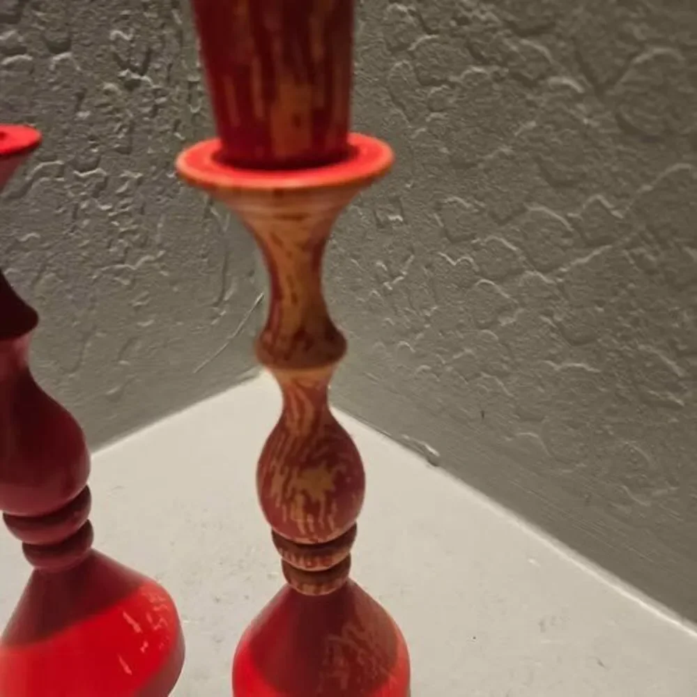 Pair of Red Rustic Wooden Candlestick Holders Made in Germany